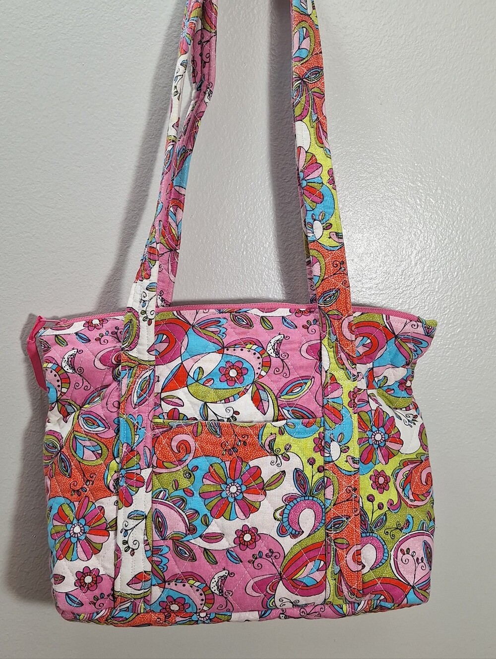 Handmade Quilted Cotton Tote Bag Purse 12X9 In Paisley Floral Pink Blue Pockets - Picture 6 of 16
